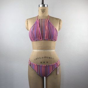 Victoria’s Secret l M The Itsy Pink Stripe Texture Halter Cheeky Bikini Swimsuit